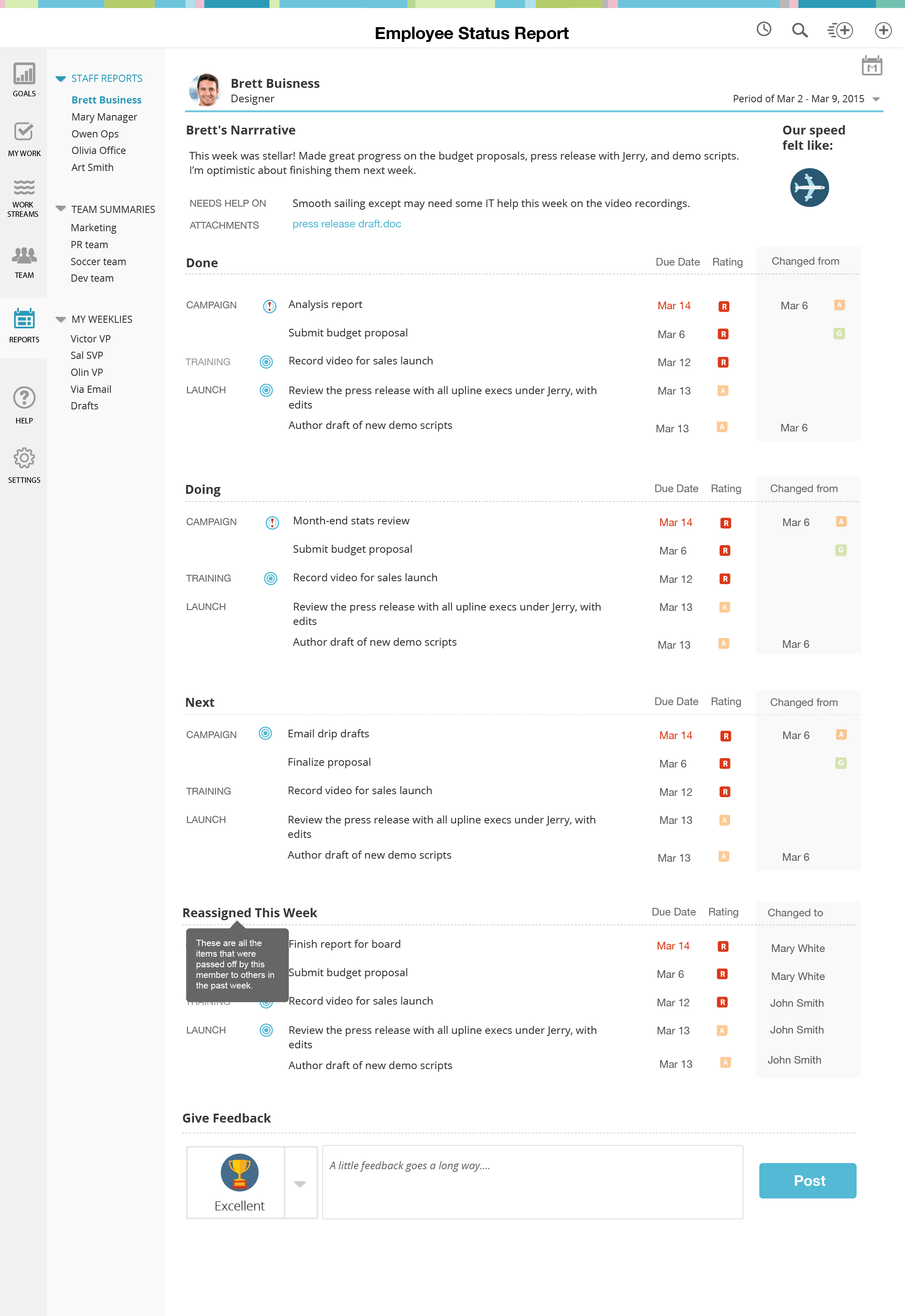 reports overview workboard help center employee status report
