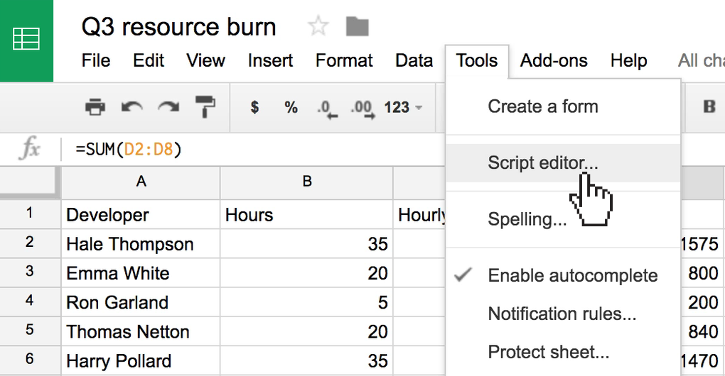 Opening the Google Spreadsheet Script Editor