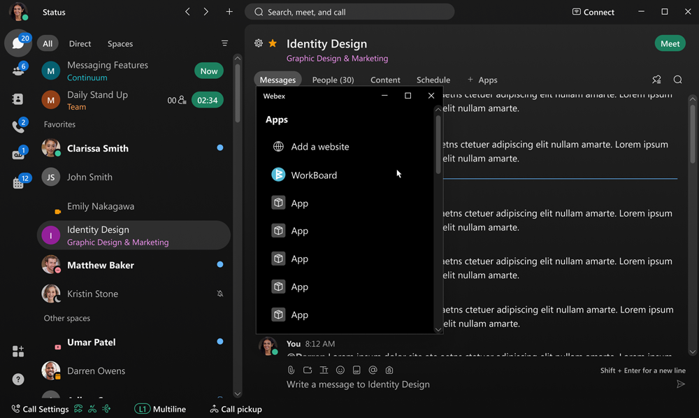 Screenshot of available apps to add to Webex Messaging