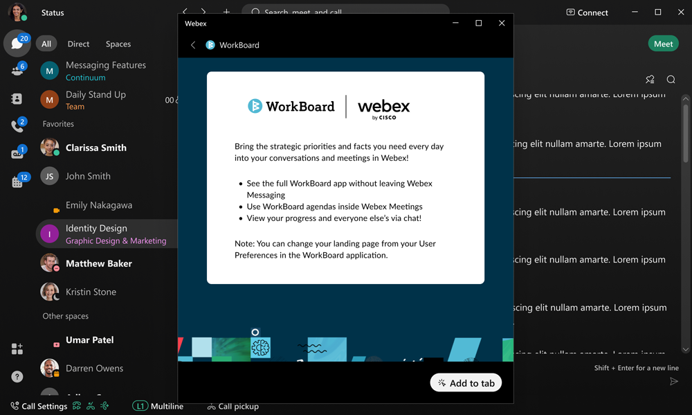 Screenshot of WorkBoard tab visible after adding it to Webex Messaging