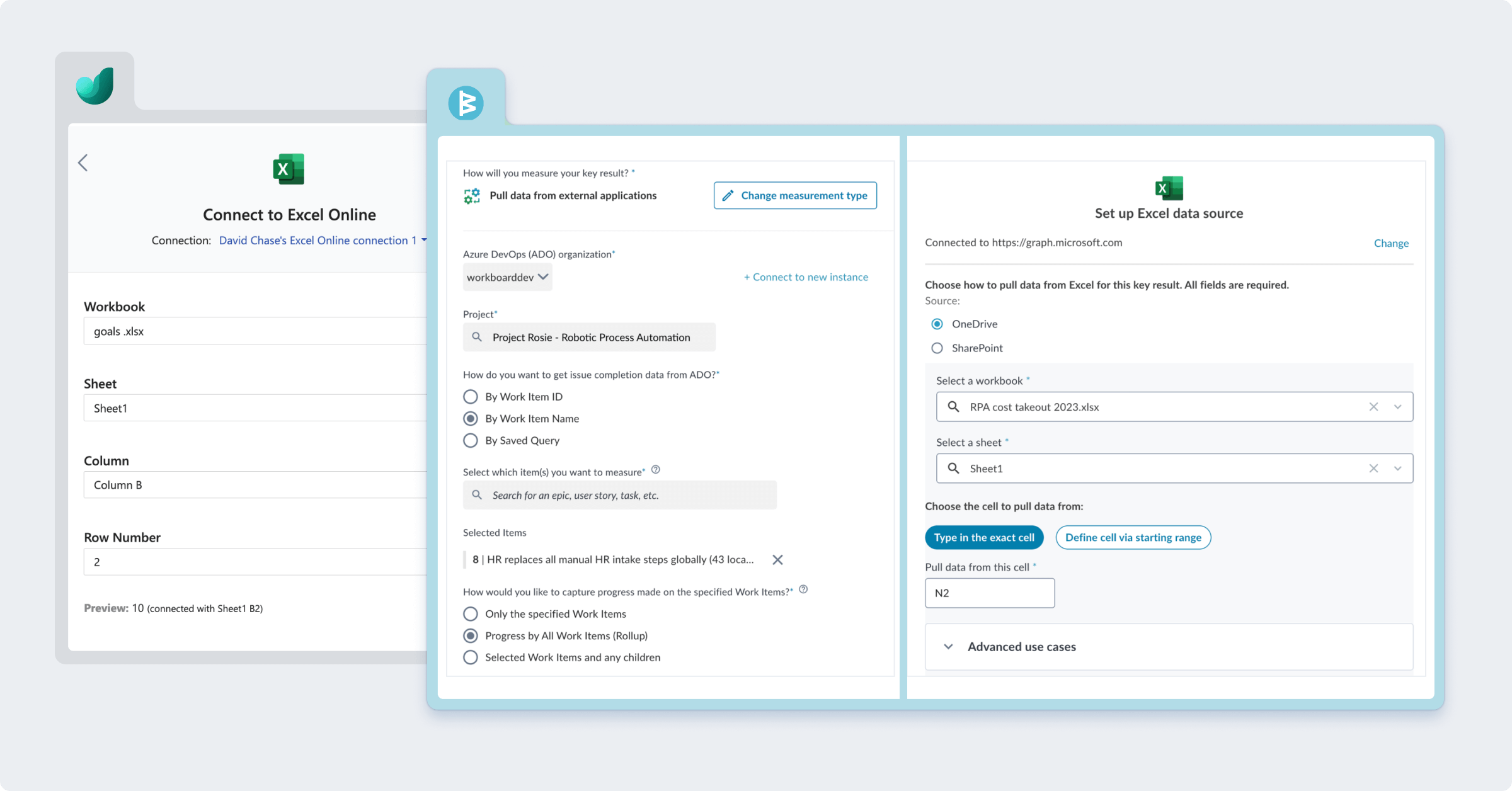 Integrating KRs to external data sources in WorkBoardAI as compared to Viva Goals