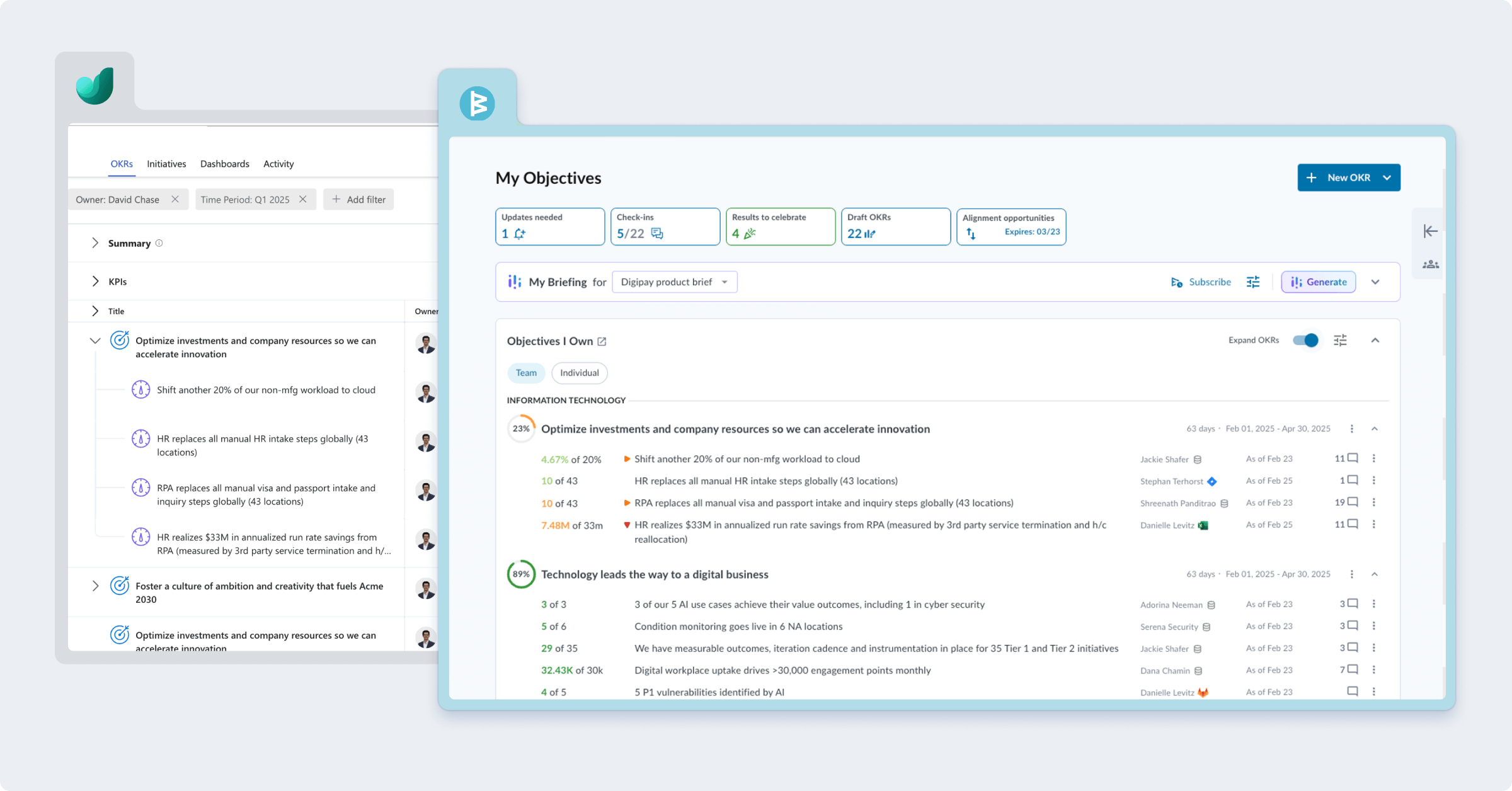 Viewing OKRs in WorkBoardAI and Viva Goals