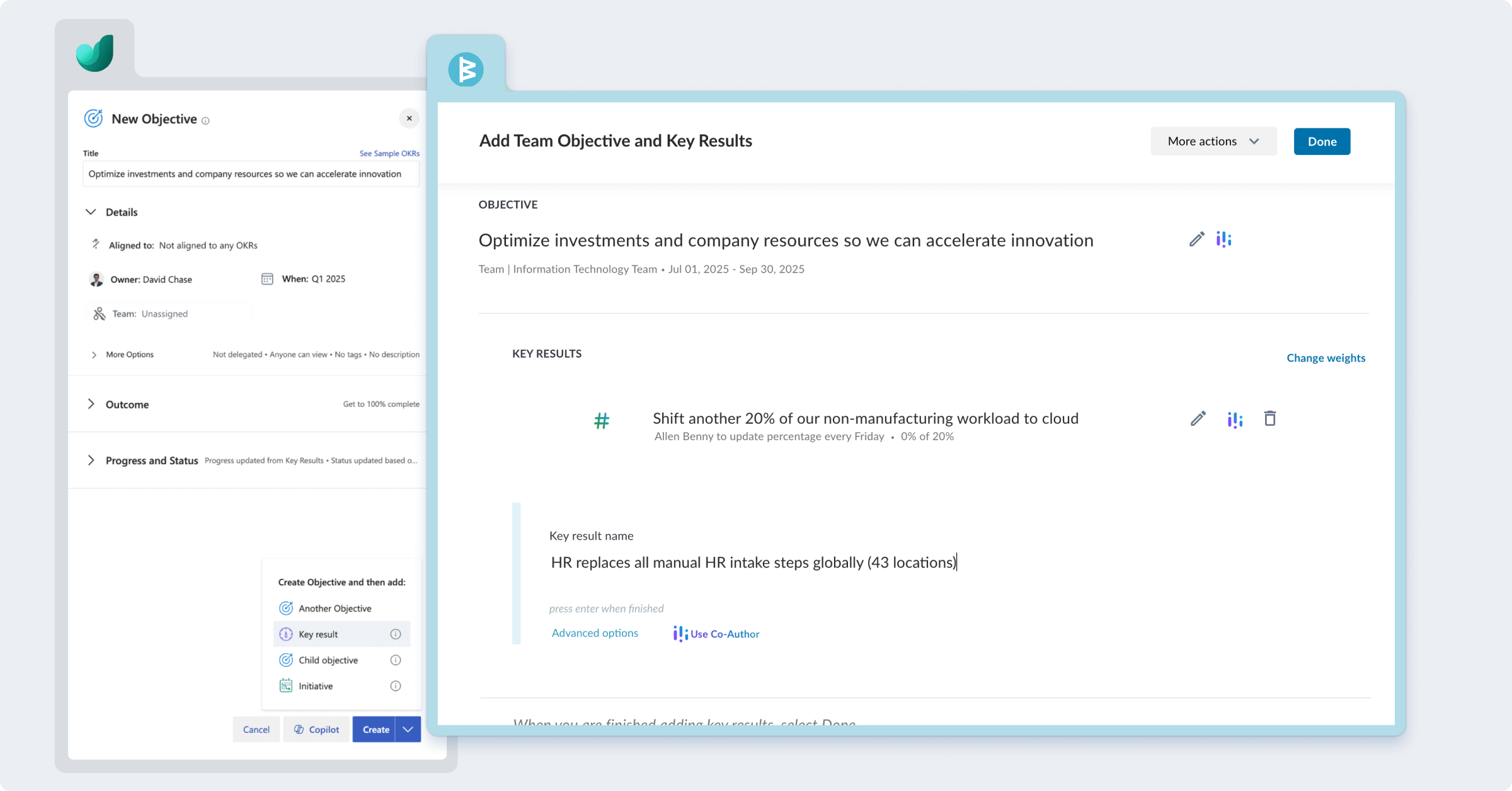 Setting OKRs in WorkBoardAI vs Viva Goals