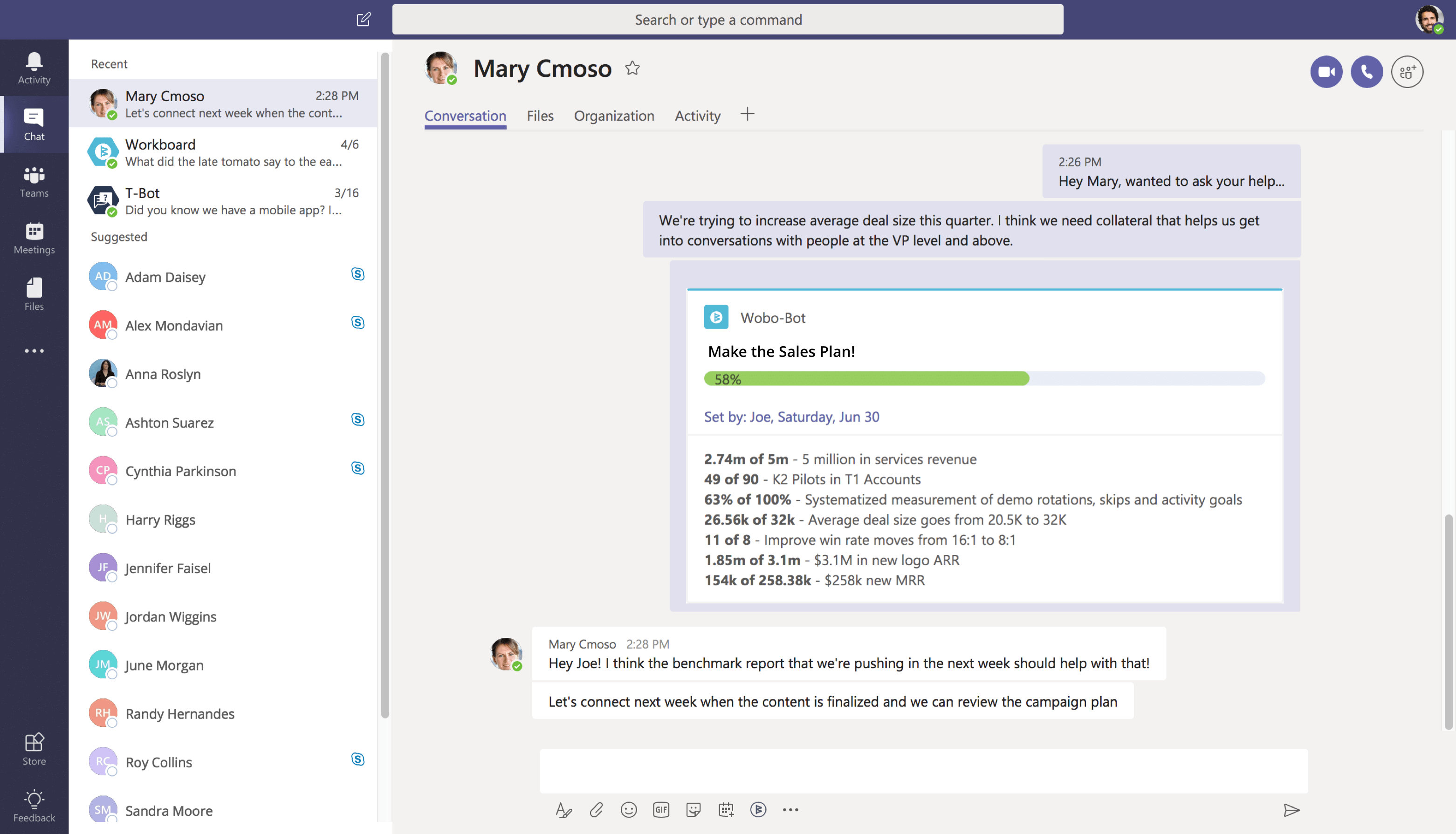 Drop WorkBoard objectives and key results into chat with colleagues