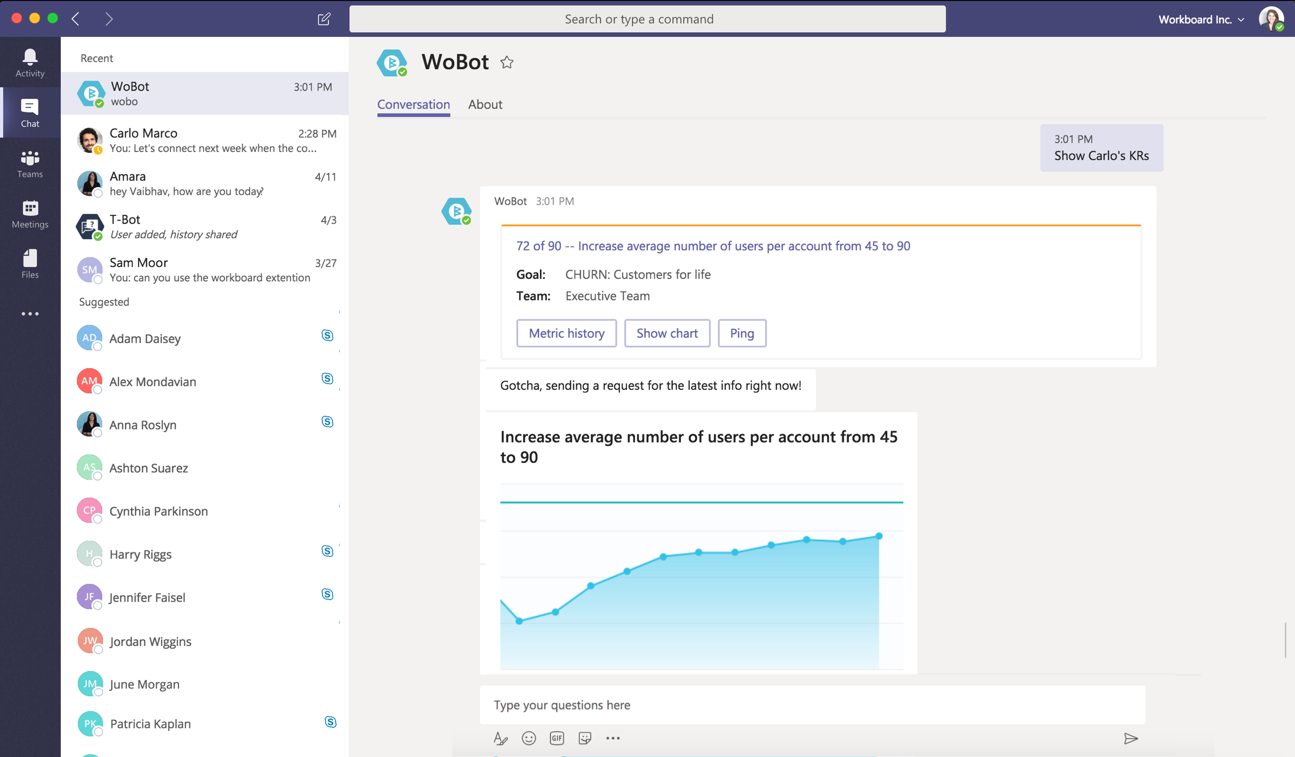Use WoBot, an intelligent chatbot, to get and update business objectives
